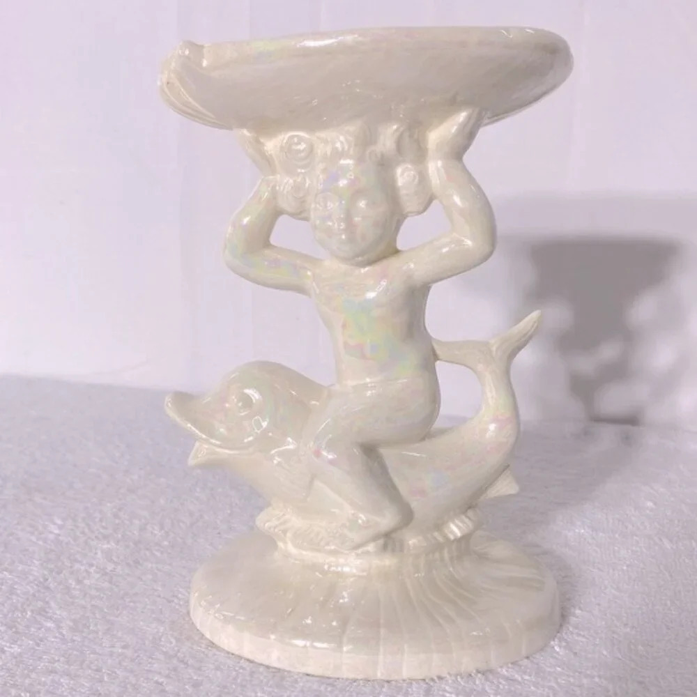 Vintage Iridescent Ceramic Cherub On A  Whale Holding A Shell Pedestal Soap Dish
